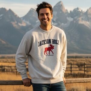 Blue 84 Jackson Hole Wyoming Crewneck Sweatshirt Gray Oatmeal Oversize XL Preppy
